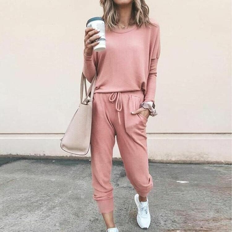 Theodrina | Women's Loungewear Set Round Neck Long Sleeve - Pink - Image 1