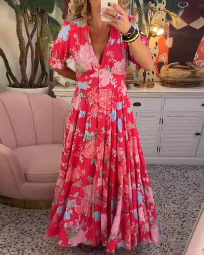 Thessadora | Women's Floral V-Neck Maxi Dress - Red - Image 1