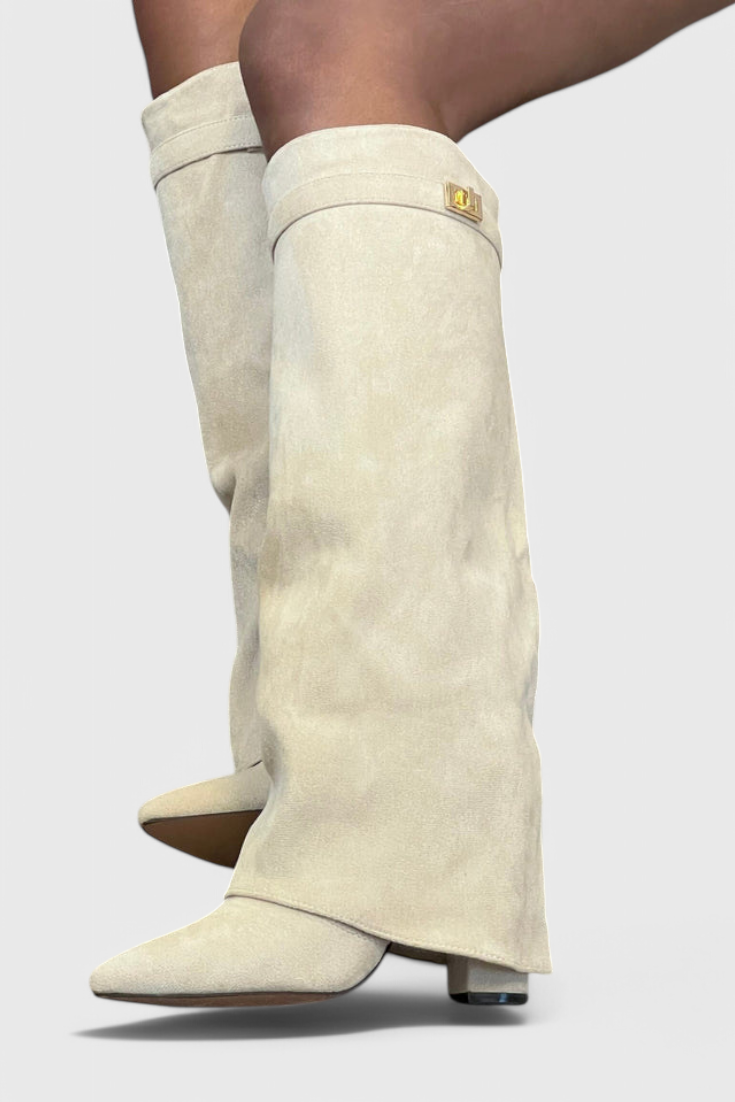 Thessadora | Women's Knee High Pointed Toe Boots - Beige - Image 1