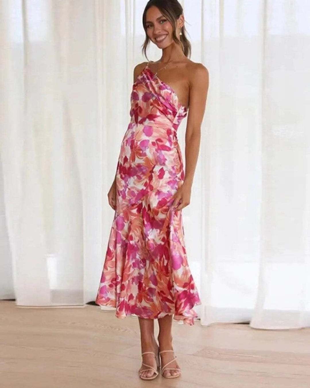 Thessaline | Women's Floral One Shoulder Midi Dress - Floral - Image 1