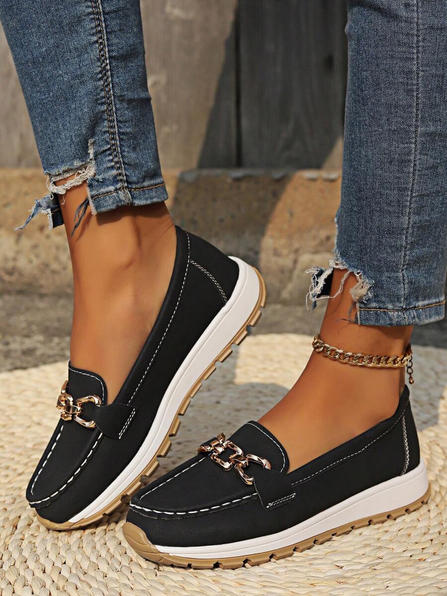 Thessalonica | Women's Chain Detail Black Loafers - Black - Image 1