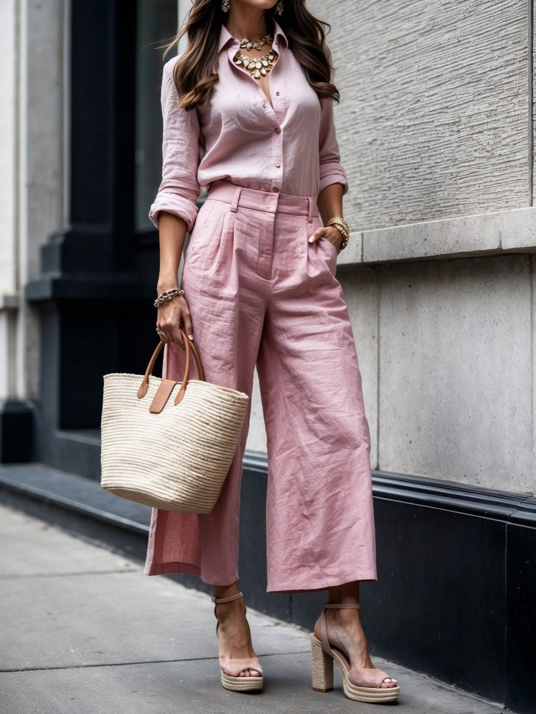 Thessalyn | Women's Collared Shirt Wide Leg Trouser Co-Ord Set - Pink - Image 1