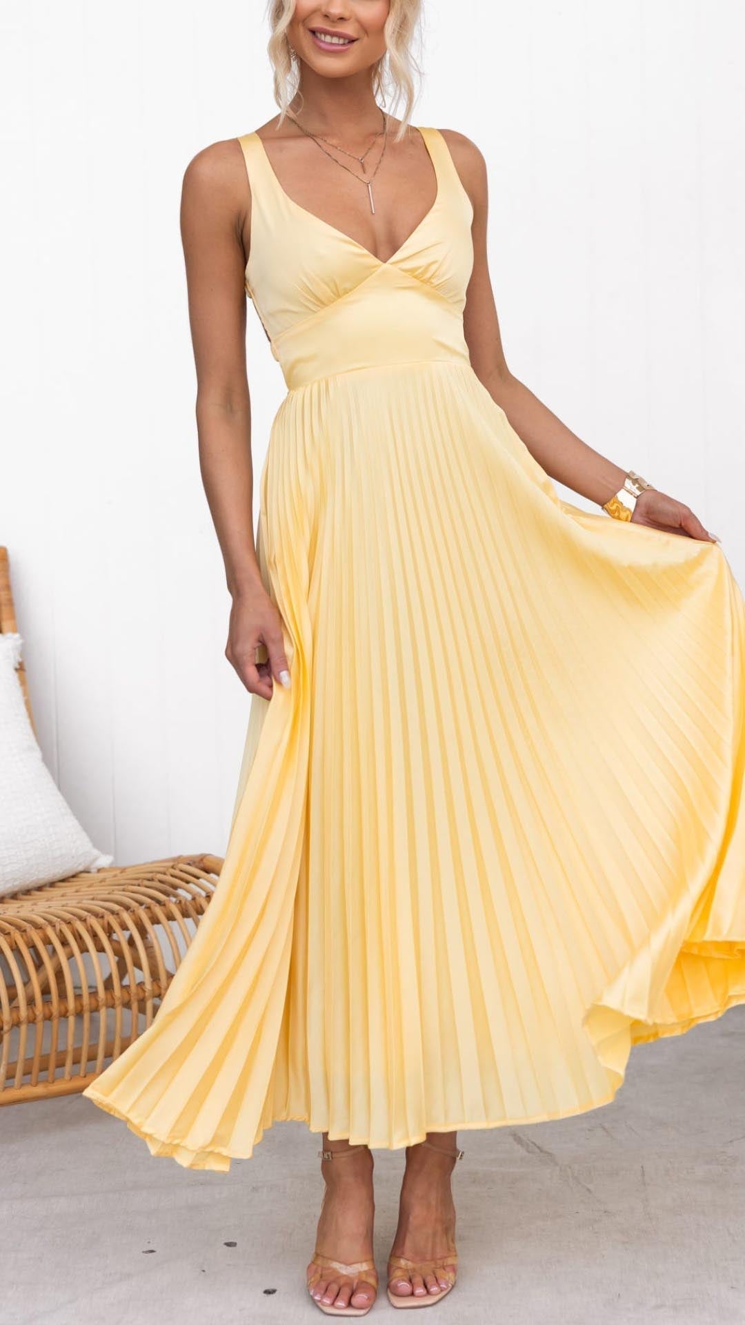 Thessalyn | Women's Pleated V-Neck Maxi Dress - Yellow - Image 1