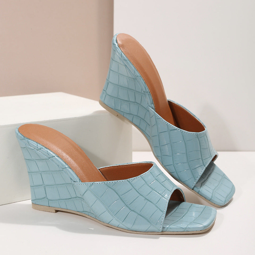 Thessandra | Women's Croc Print Wedge Sandals - Teal - Image 1
