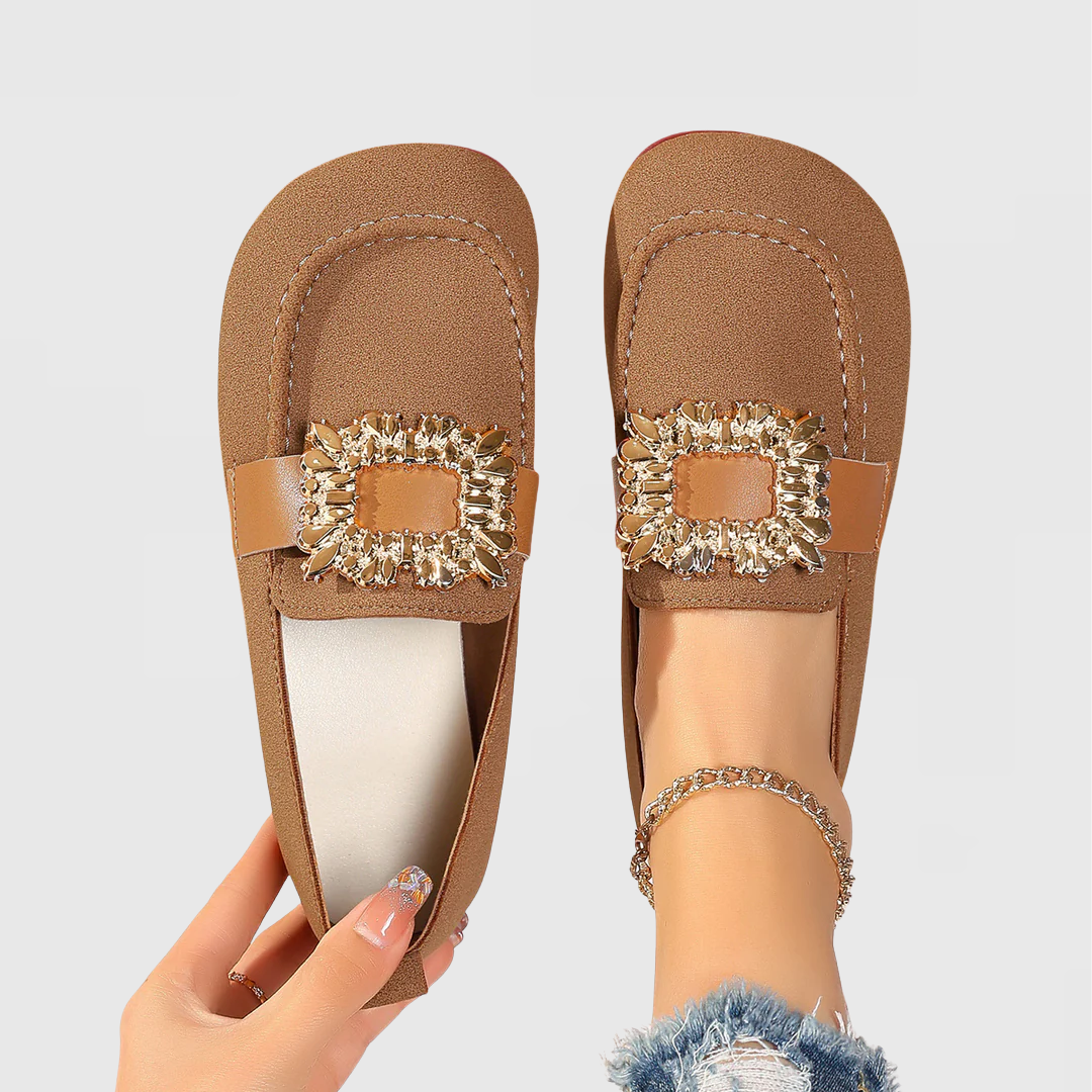 Thessarian | Women's Crystal Embellished Brown Loafers - Brown - Image 1