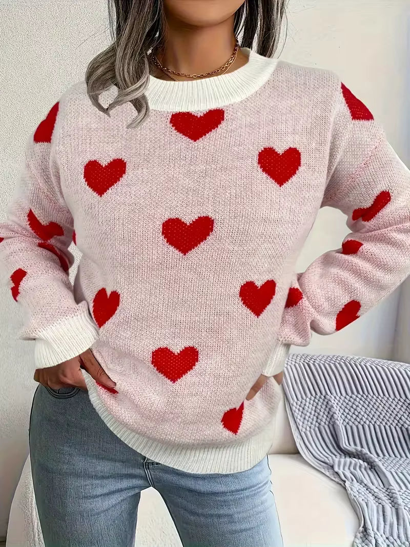 Valentina | Women's Heart Pattern Round Neck Sweater - Pink - Image 1