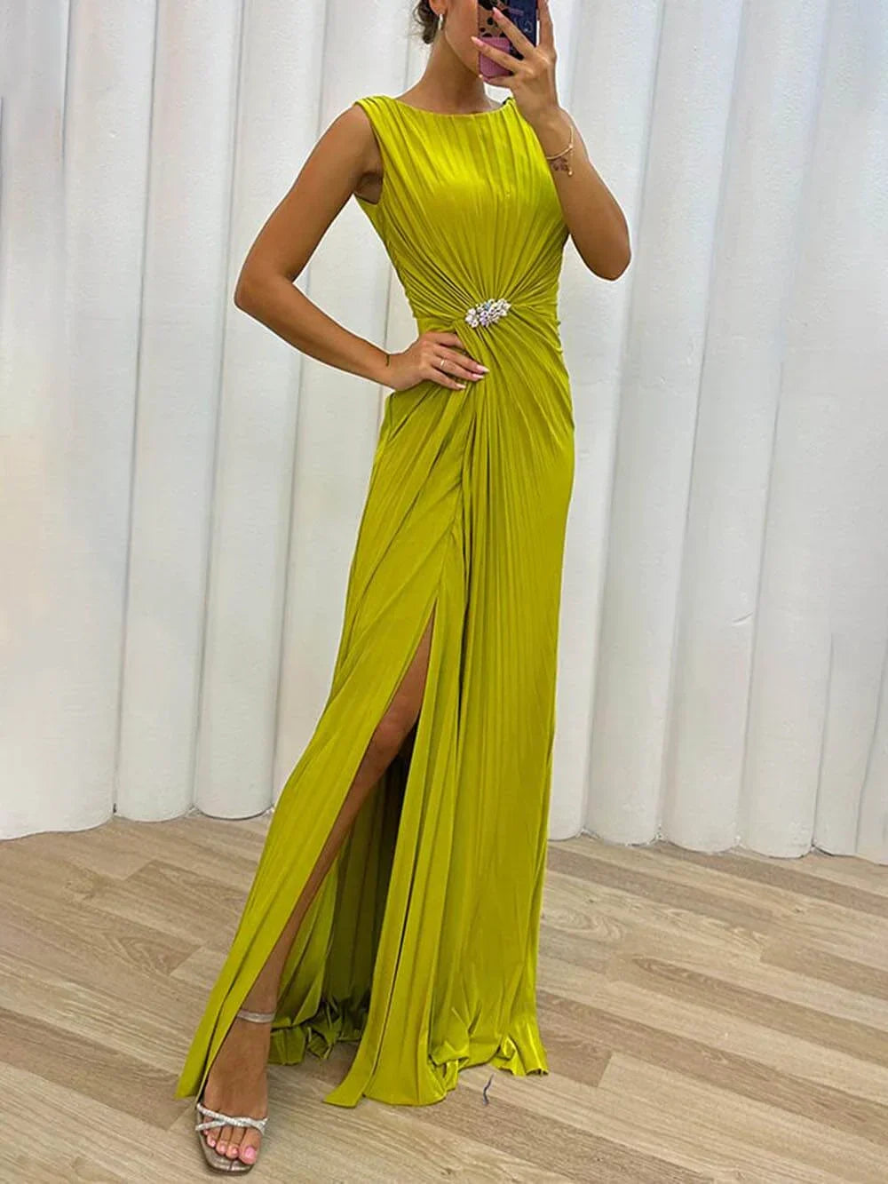 Valentina | Women's Sleeveless Pleated Evening Gown - Yellow - Image 1