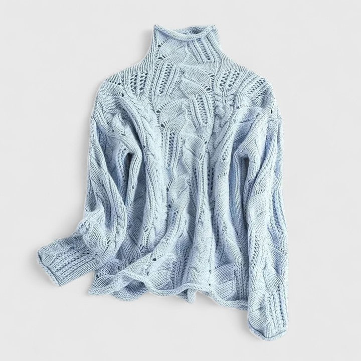 Valeria | Women's Cable Knit Turtleneck Sweater - Light Blue - Image 1