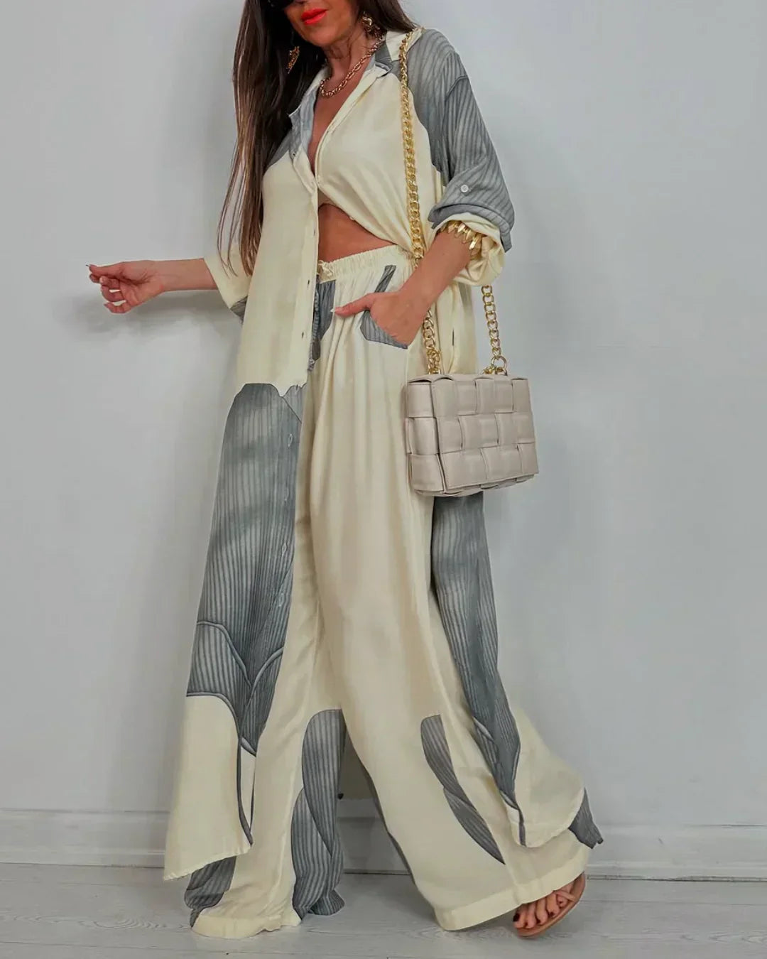 Venetia | Women's Abstract Print Wide Leg Set - Beige - Image 1