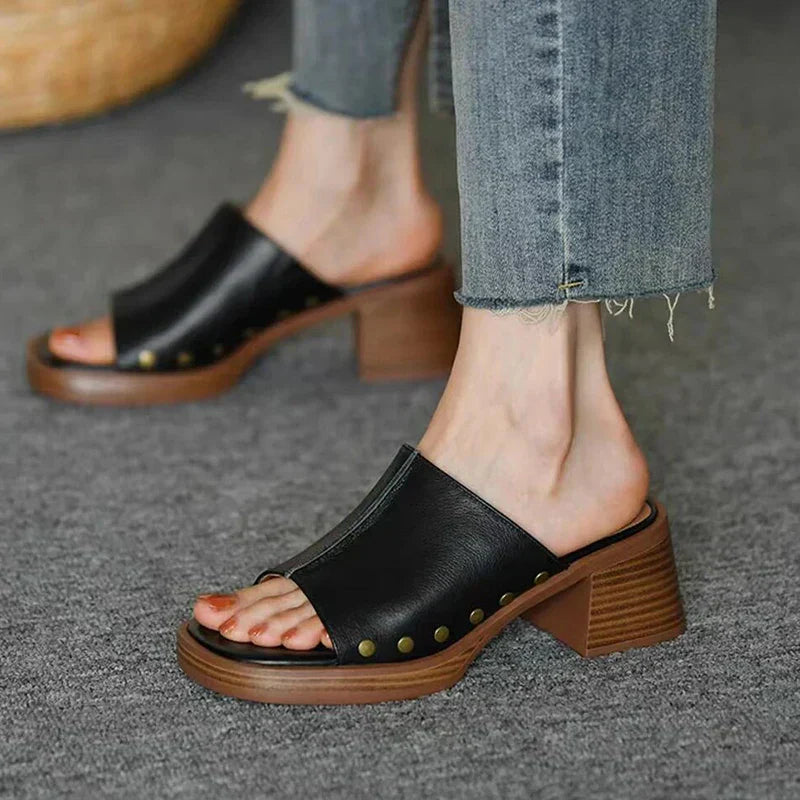 Veronique | Women's Black Block Heel Mules - Black - Image 1