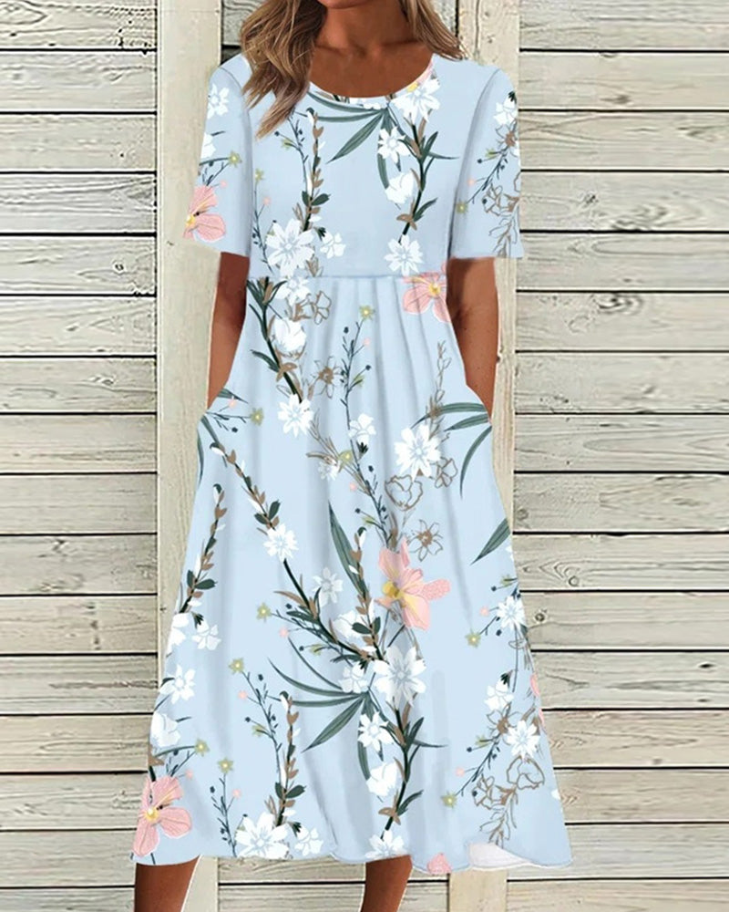 Veronique | Women's Floral Short Sleeve Midi Dress - Light Blue - Image 1