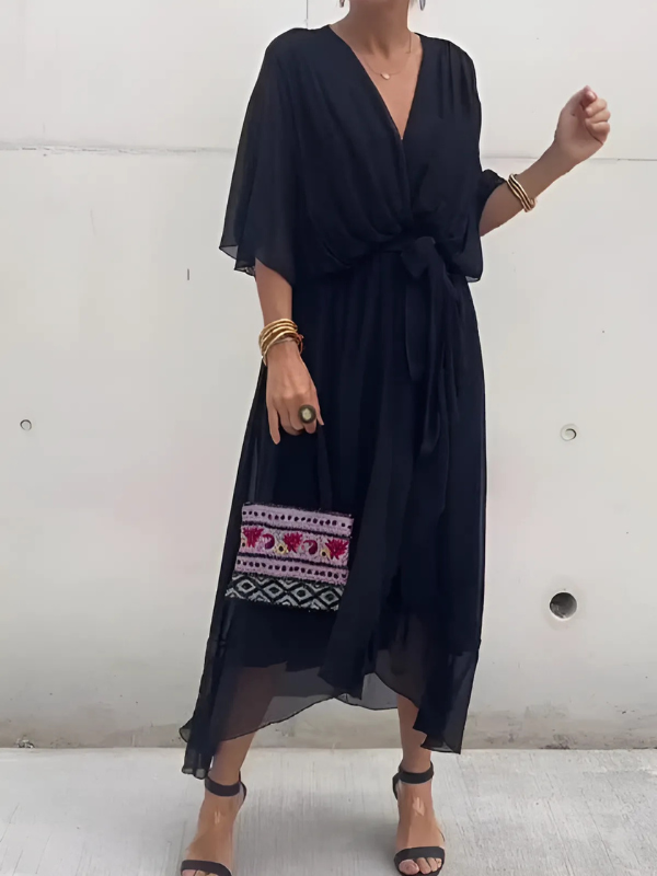 Vespera | Women's V-Neck Wrap Midi Dress - Black - Image 1