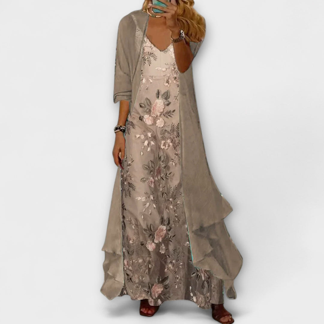 Vesperia | Women's Floral Maxi Dress Cardigan Set - Floral - Image 1
