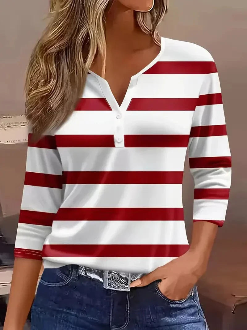 Vesperia | Women's Striped V-Neck Long Sleeve Top - Striped - Image 1