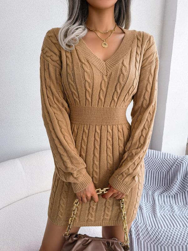 Vivienne | Women's Cable Knit V-Neck Mini Dress - Beige - Image 1