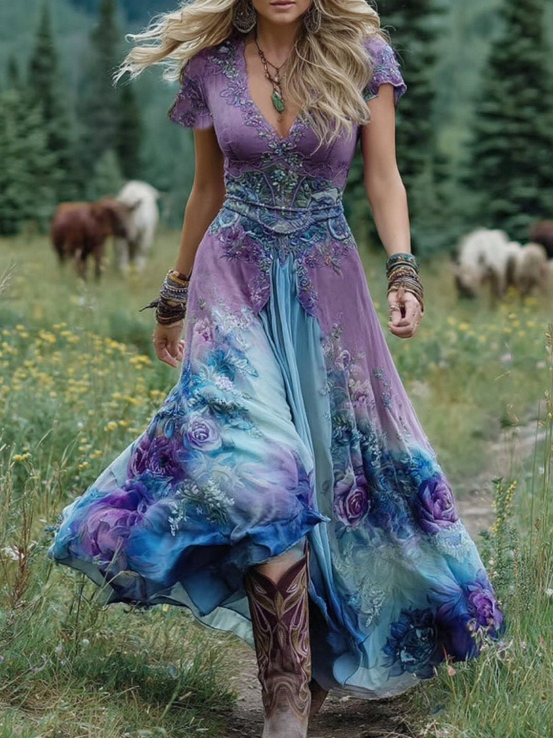 Vivienne | Women's Floral V-Neck Maxi Dress - Purple - Image 1