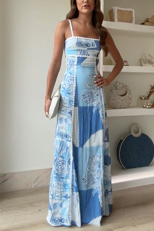 Wilhelmina | Women's Patchwork Spaghetti Strap Maxi Dress - Blue - Image 1