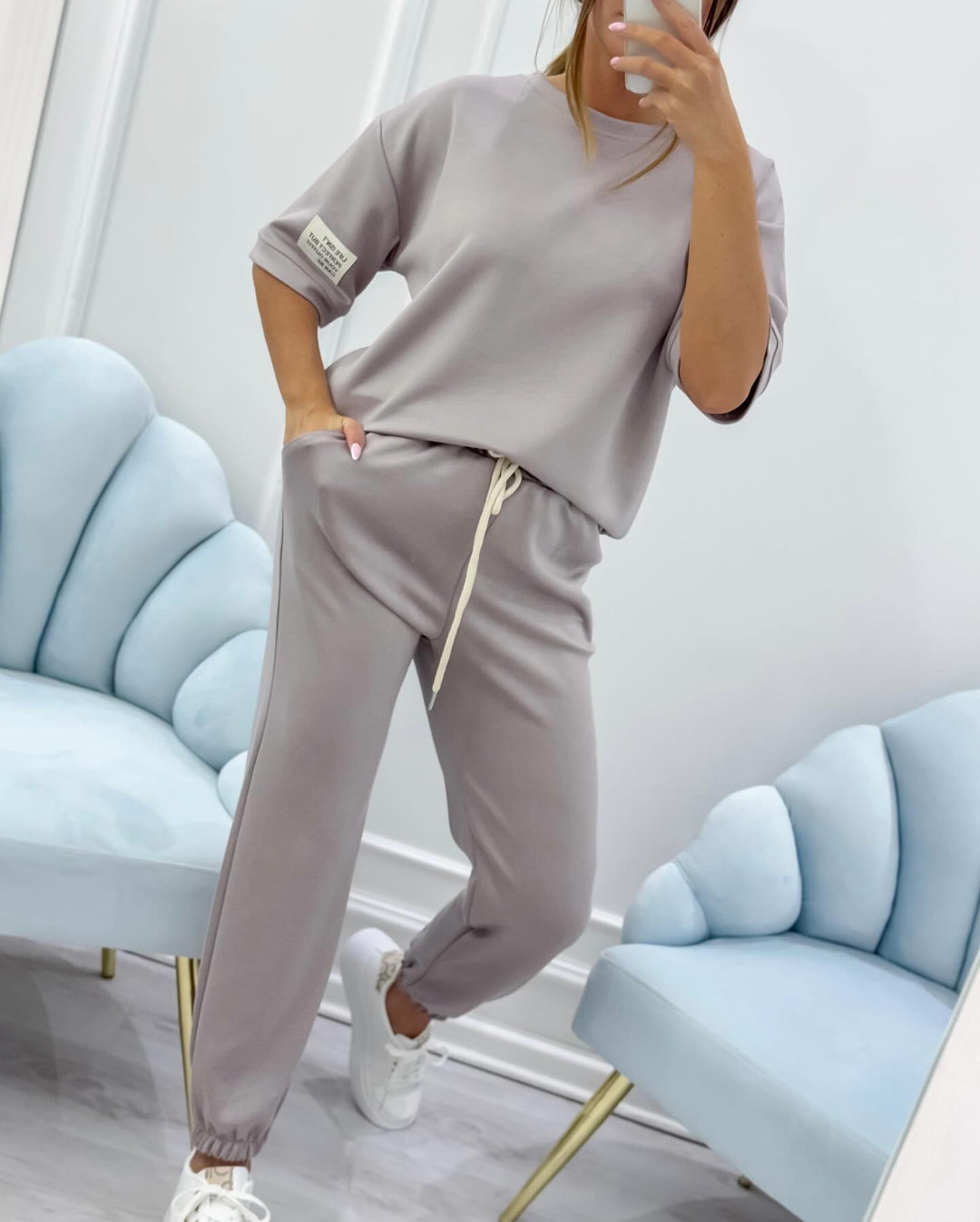 Wilhelmina | Damen Kurzarm-Loungewear-Set – Weiß – Bild 6