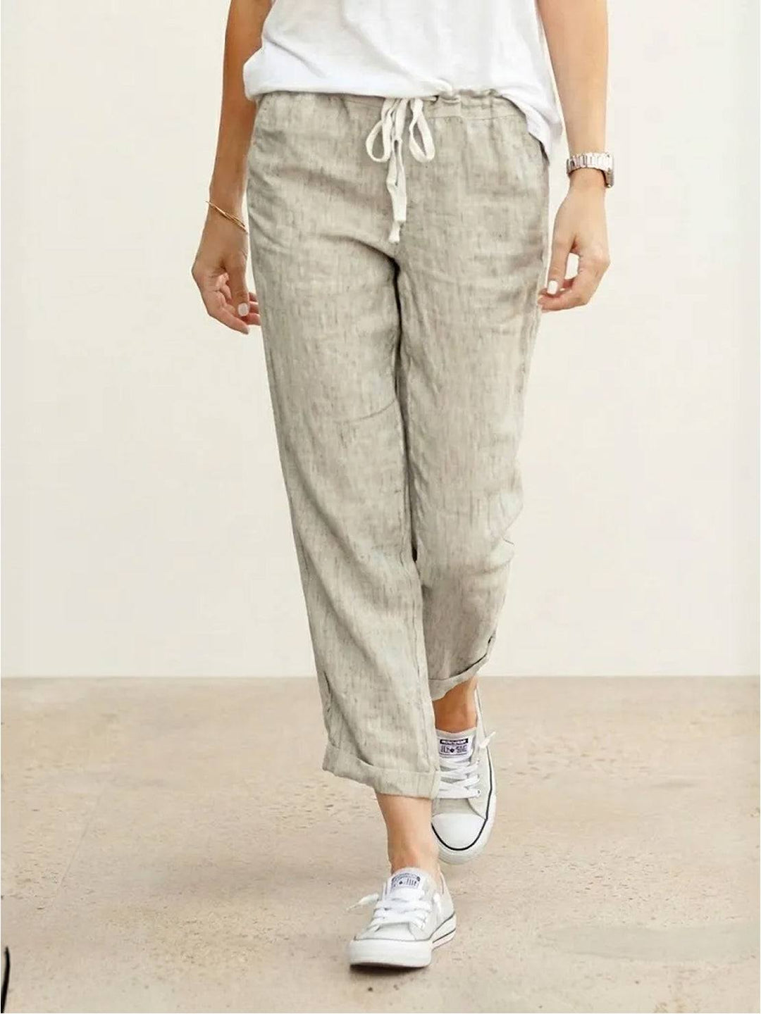 Winifred | Women's Drawstring Straight Leg Trousers - Beige - Image 1