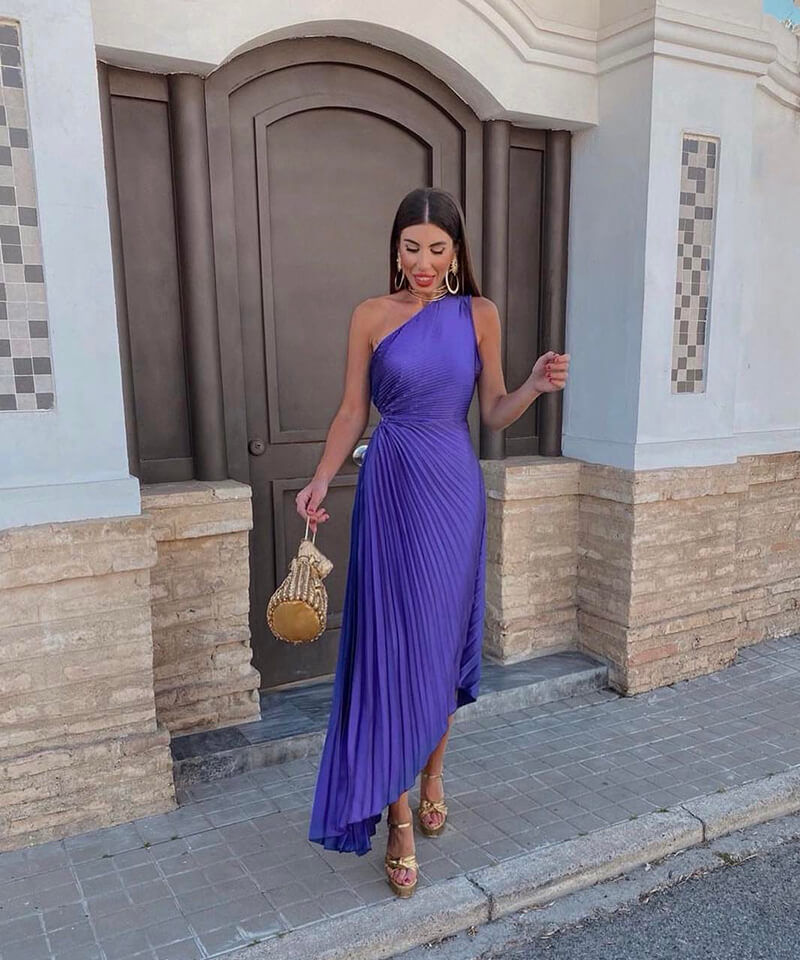 Winifred | Women's One Shoulder Asymmetric Midi Dress - Purple - Image 1