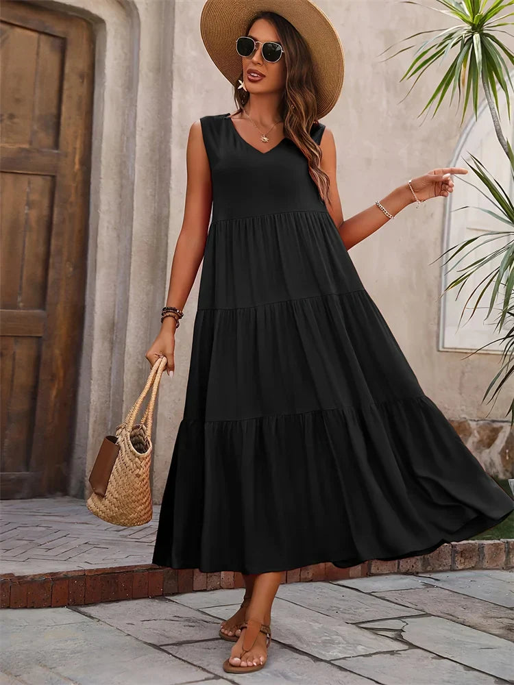 Wynona | Women's Sleeveless V Neck Maxi Dress - Dark Green - Image 1