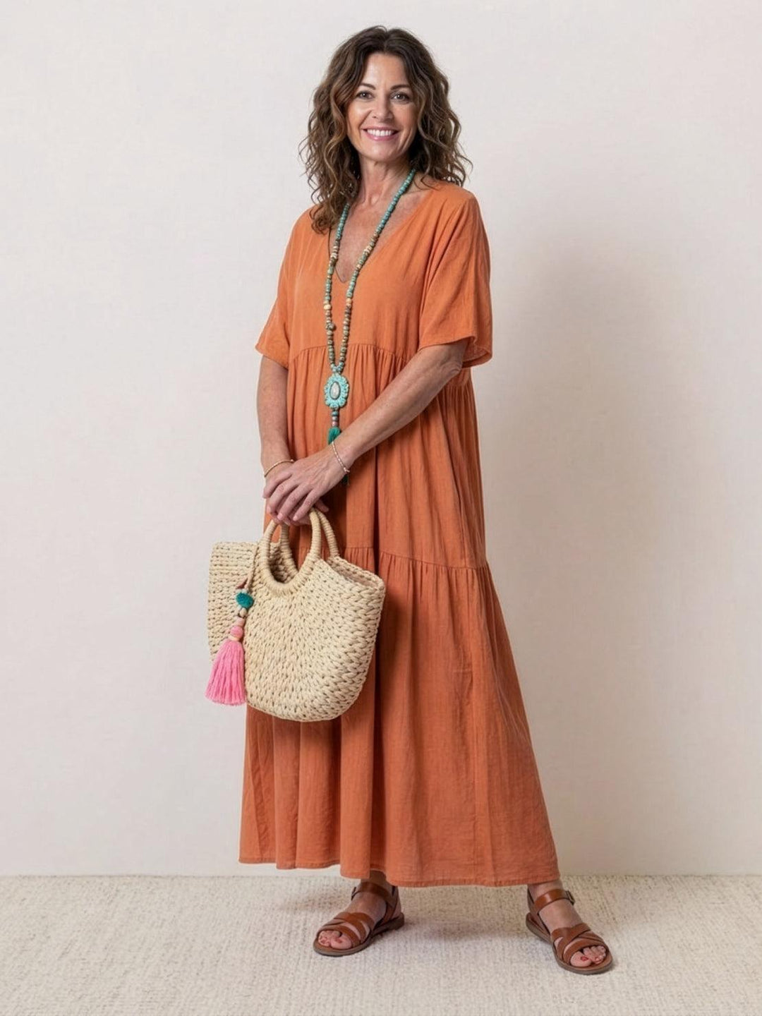 Zelara | Damen V-Ausschnitt gestuftes Maxikleid - Orange - Bild 1