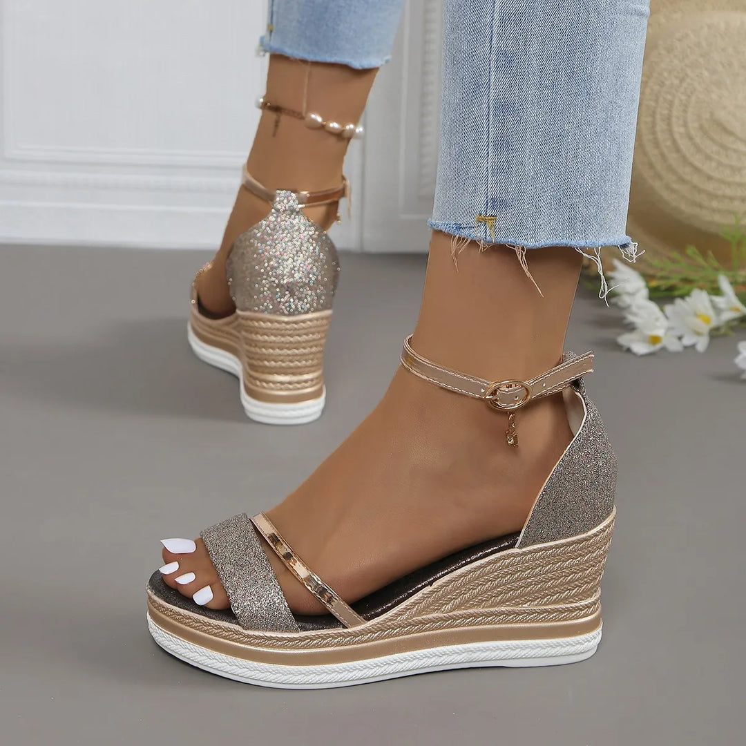 Zelda | Women's Platform Wedge Ankle Strap Sandals - Gold - Image 1