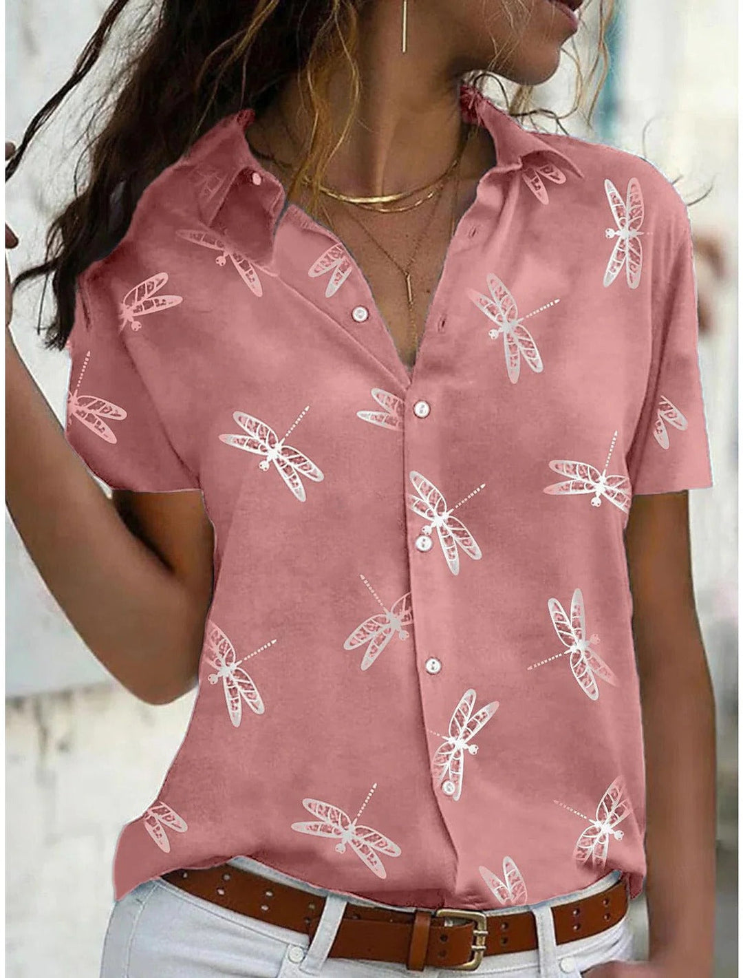Zephyra | Damen Kurzarm-Bluse mit Libellenmuster und Knopfleiste - Pink - Bild 1