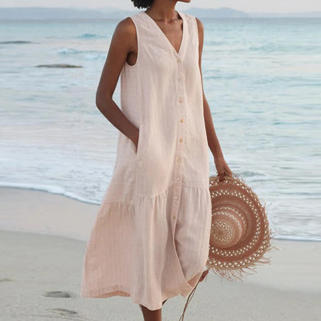 Zinnia | Women's Button Front Sleeveless Midi Dress - Beige - Image 1
