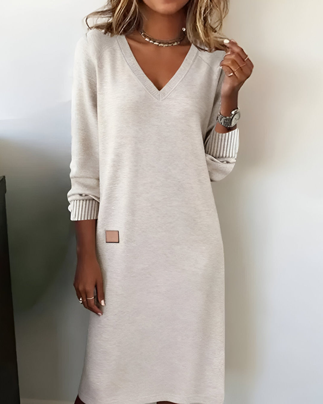 Zinnia | Women's V-Neck Long Sleeve Midi Dress - Beige - Image 1