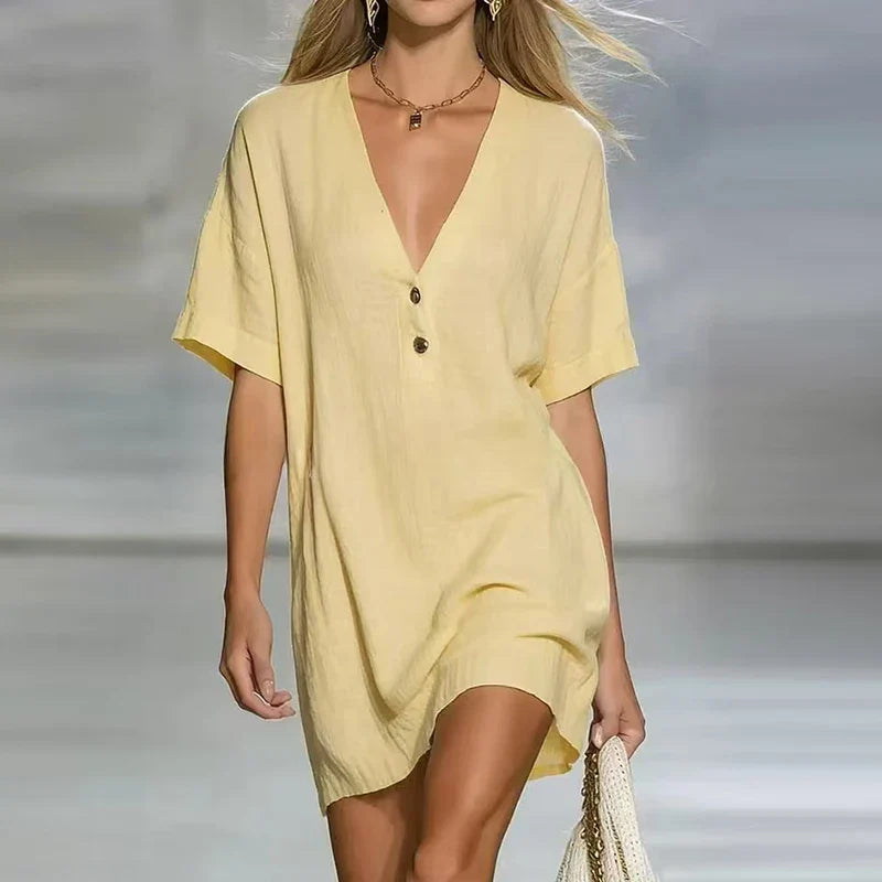 Zinnia | Women's V Neck Short Sleeve Mini Dress - Yellow - Image 1