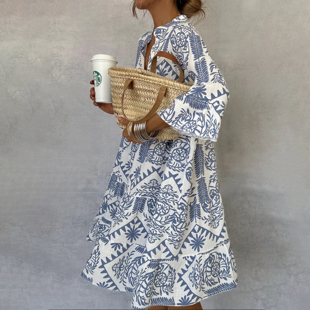 Zinovia | Women's Printed V-Neck Midi Dress - Blue - Image 1